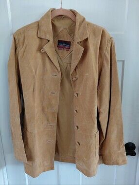 Vintage 90s Tan Suede Jacket Collared Square Pockets Size Large Preppy